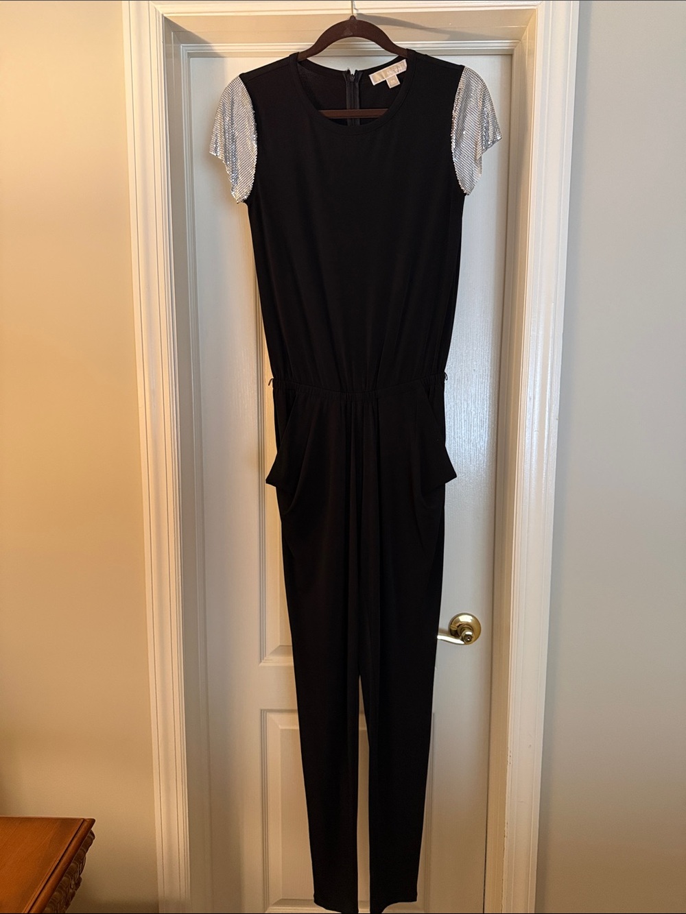 Michael Kors Black Jumpsuit with Silver Sequin Cap Sleeves